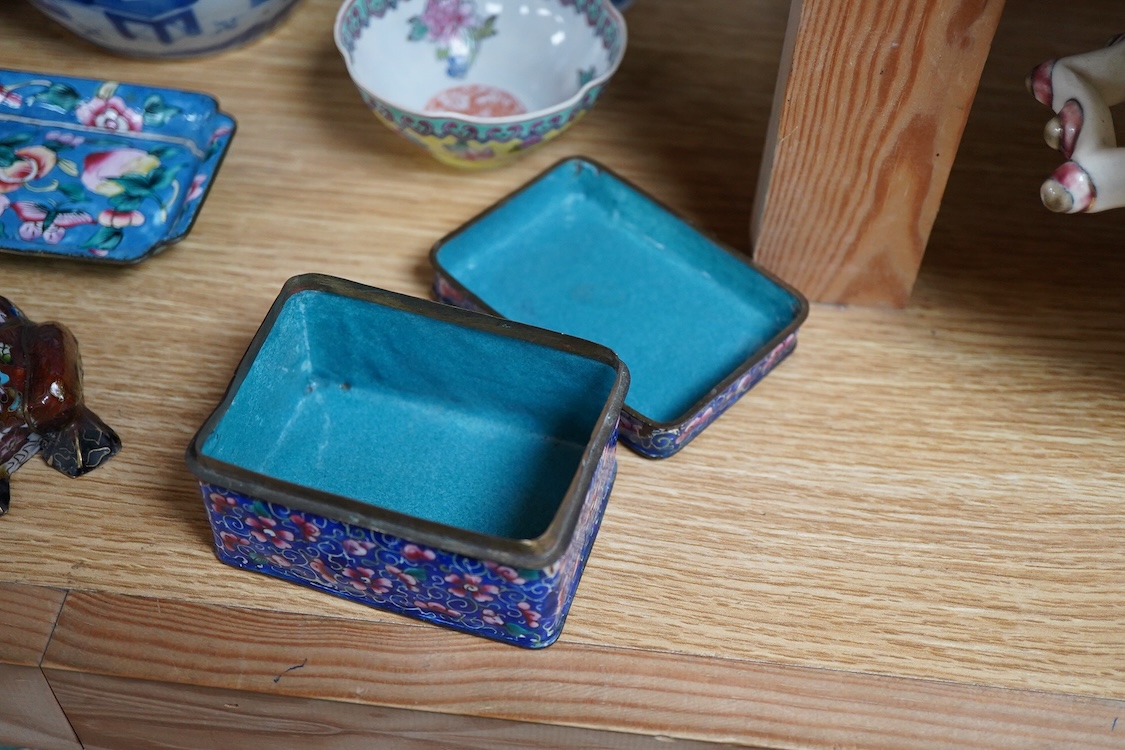A pair of Chinese blue and white vases and covers and three other items, together with Japanese ceramics, cloisonné and Canton enamelware (11)
